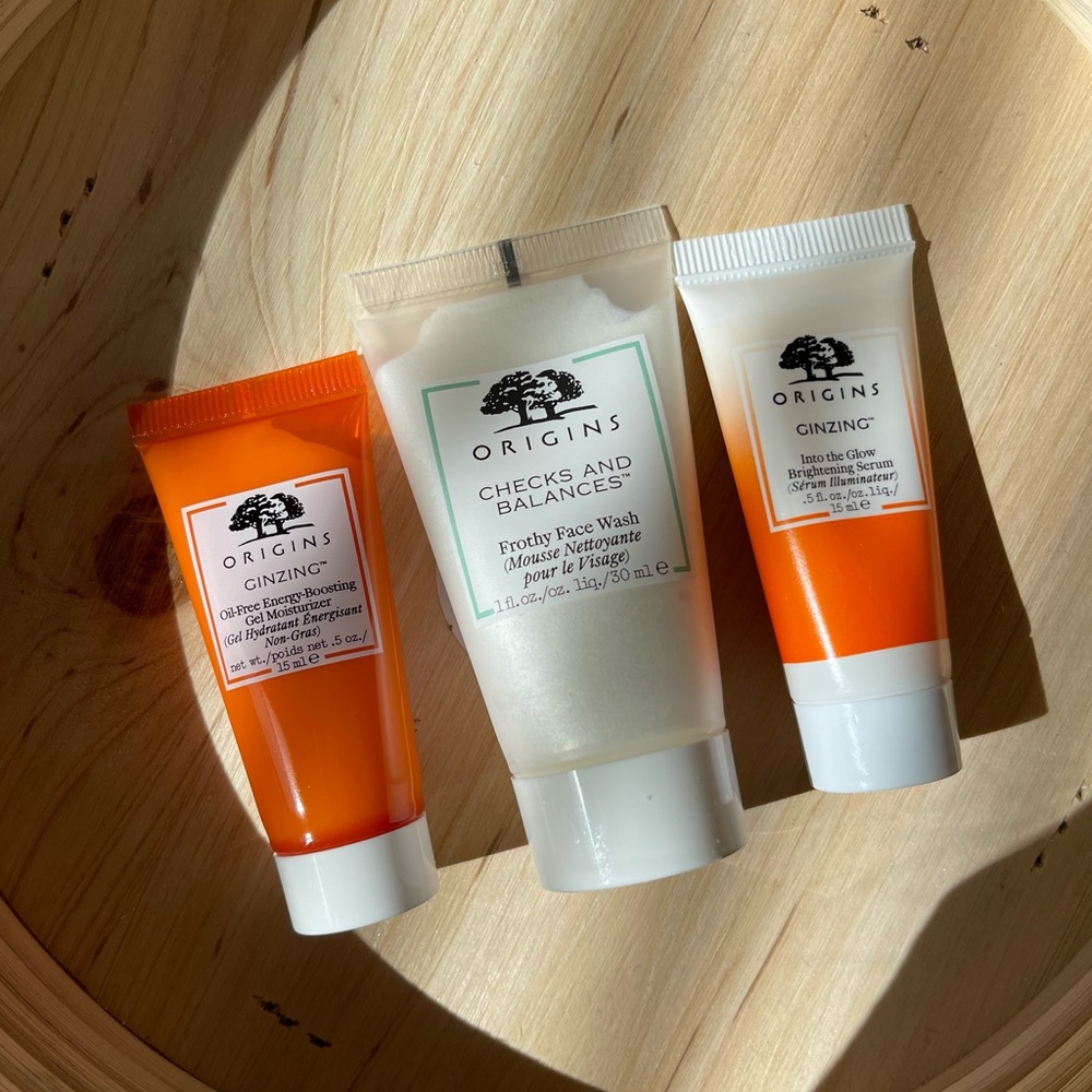 Origins 3 skincare travel size and bag